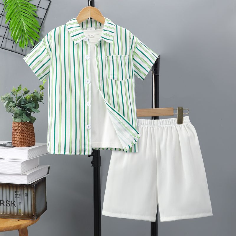 Teenage and guys New boy short sleeved lapel striped shirt + solid color shorts suit_voghion.com