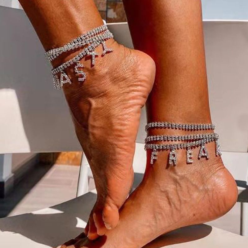 Nuovo fai da te inglese strass caviglia femminile ins trendy tutto-fiammifero lettera maiuscola caviglia caviglia_voghion.com