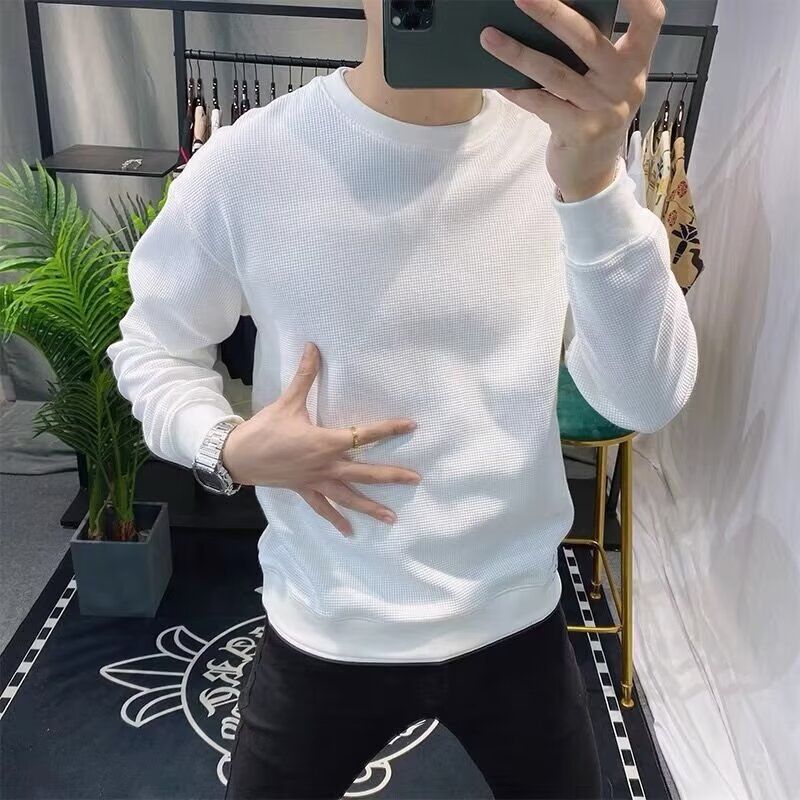 Felpa con cappuccio Waffle da uomo, vestibilità attillata, girocollo, maniche lunghe, versatile e alla moda, maglietta di base_voghion.com