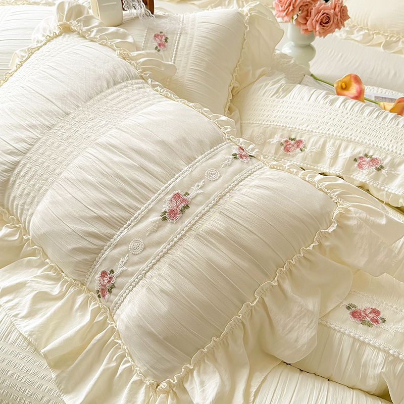 Washed Cotton Pillowcase Single Lace Trim Embroidered Cover Pillow Protector_voghion.com