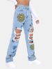 Damenbekleidung Mode Ripped Print Gerade High Waist Slim Denim Hose Vielseitige Trendy Jeans_voghion.com