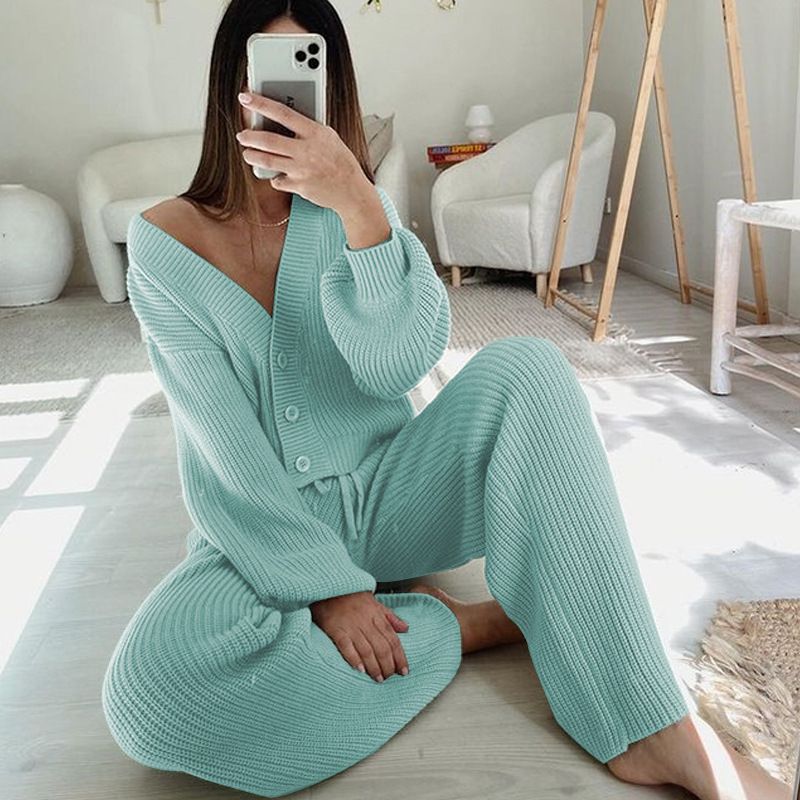 Women's Clothing Casual Chic Solid Color Knit Cardigan & Pants Set - Long Sleeve Lounge Outfit In Earthy Tones Comfortable Cotton Blend Fabric_voghion.com