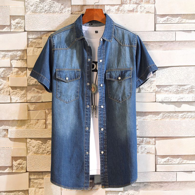 2022 Summer New denim short sleeved men's shirt casual trend personalized men's denim jacket half sleeved lining clothes_voghion.com