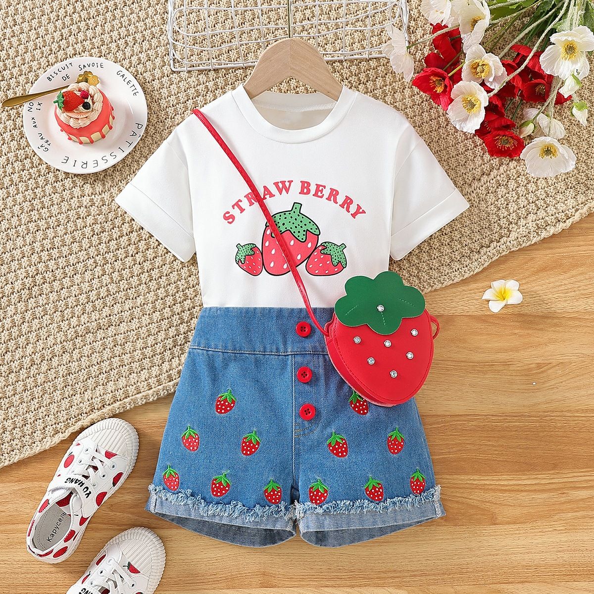 Completo da bambina con pantaloncini in denim stampati a fragole per mamma e bambini, 3 pezzi: maglietta con stampa a fragole e pantaloncini in denim con borsa coordinata (2-7 anni)_voghion.com