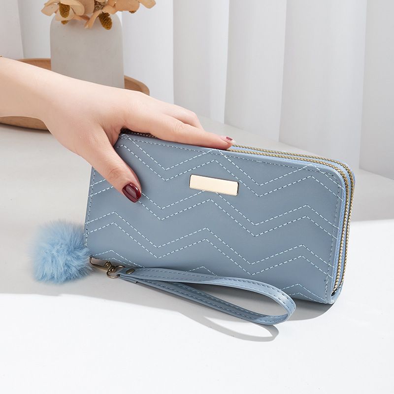 Pochette élégante pour femme avec broderie ondulée – Portefeuille long à double fermeture éclair avec paillettes et pompon amovible (disponible, protection RFID)_voghion.com