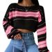 Contrast Striped Off Shoulder Knit Sweater, Short Cut With Exposed Navel Pullover, Long Sleeved Sweater_voghion.com