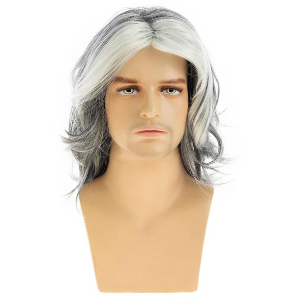 Synthetic Clip-in Men's Wig Middle Part Gray And White Mixed Color Highlight Medium Long Curly Wig Headpiece Natural Fluffy_voghion.com