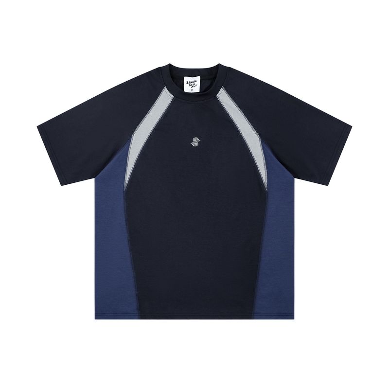 Maglietta a maniche corte con cuciture a contrasto di colore, da uomo, estiva, stile street, ampia e casual, con spalle scoperte e mezza manica._voghion.com