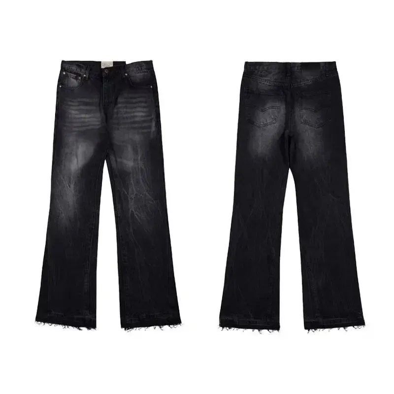 designer fashion ripped blue flared street wear retro denim washed loose casual men straight flare jeans pants_voghion.com