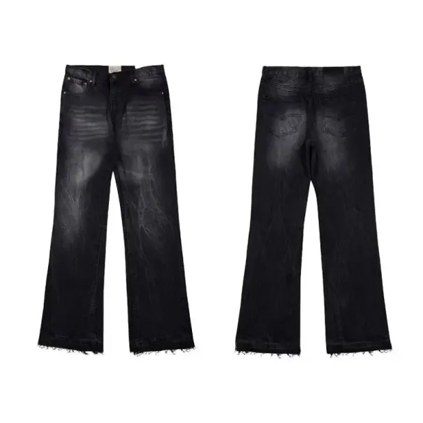 designer fashion ripped blue flared street wear retro denim washed loose casual men straight flare jeans pants_voghion.com