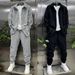 Herrenbekleidung, lässiges Frühlingshemd-Hosen-Set, bequeme, lockere Passform, Langarmhemd, Hose, stilvolles passendes Outfit (Schwarz/Weiß-Grau, Größen M-3XL)_voghion.com