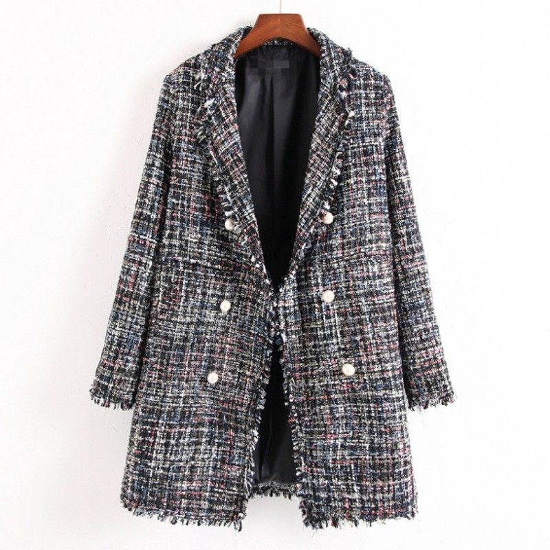 Giacca da donna primavera e autunno di media lunghezza in tweed con bottoni in perla e nappe, da donna, a quadri, taglia grande_voghion.com