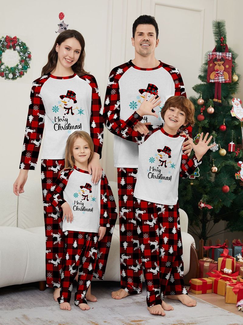 Christmas snowman Snowflake letters Christmas family suit printed home clothes pajamas_voghion.com
