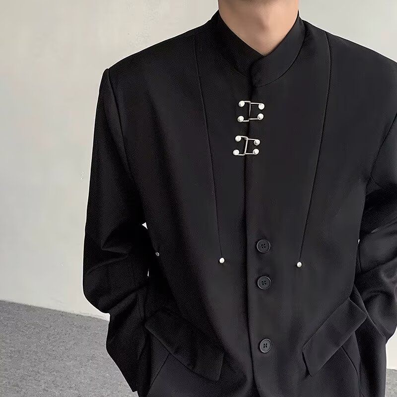 Shoulder Padded Suit Jacket, Men's Niche Design, Stand Up Collar Suit, High-end Buckle Zhongshan Suit_voghion.com