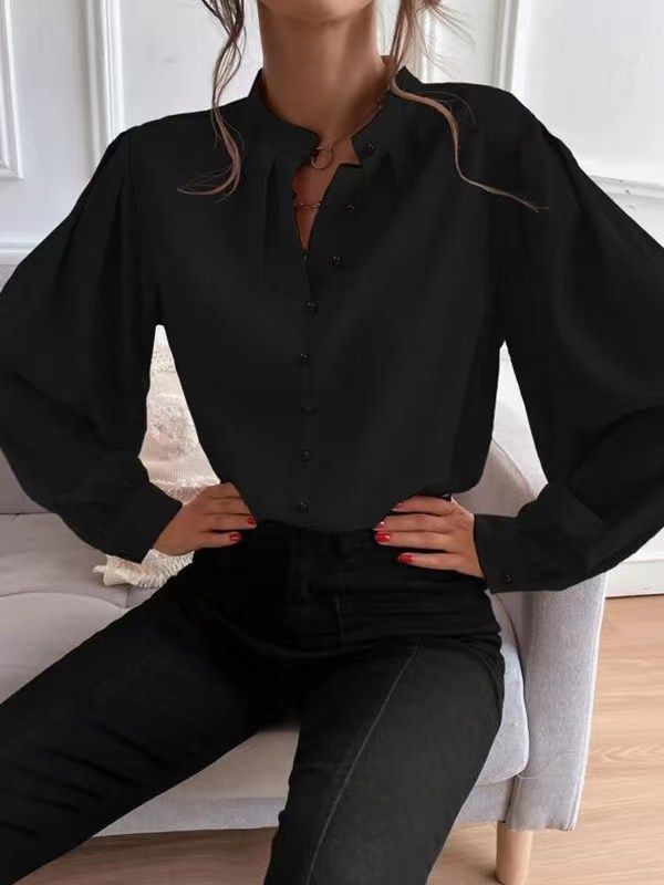 Women's Shirts Solid Color Lapel Long Sleeve Single-row Button Loose Women's Top_voghion.com