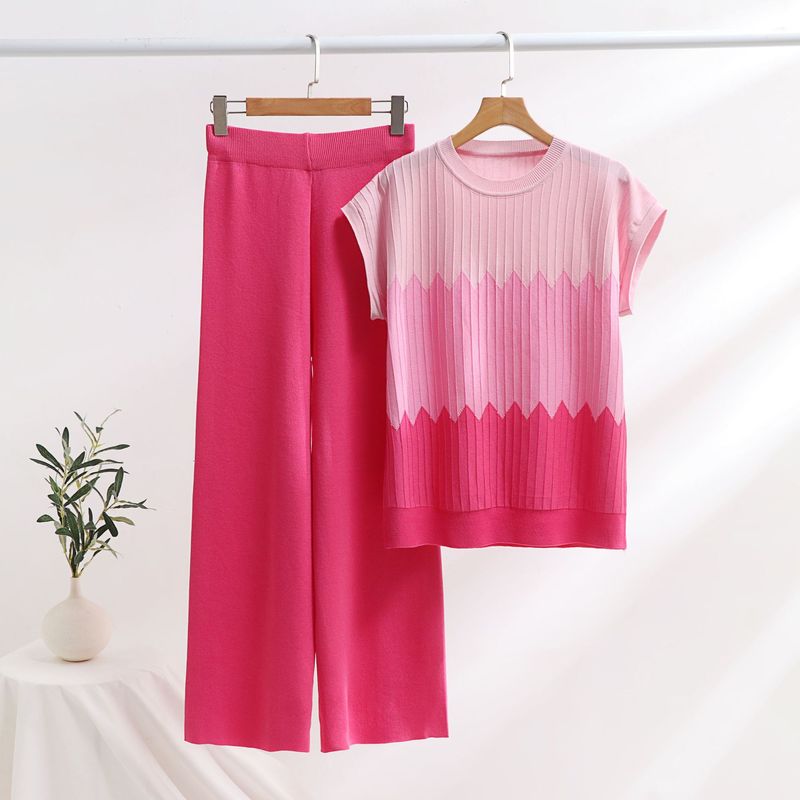 Costume de mode décontracté couleur contrastée col rond manches trois-quarts pull en tricot taille haute slim pantalon large pantalon costume deux pièces_voghion.com