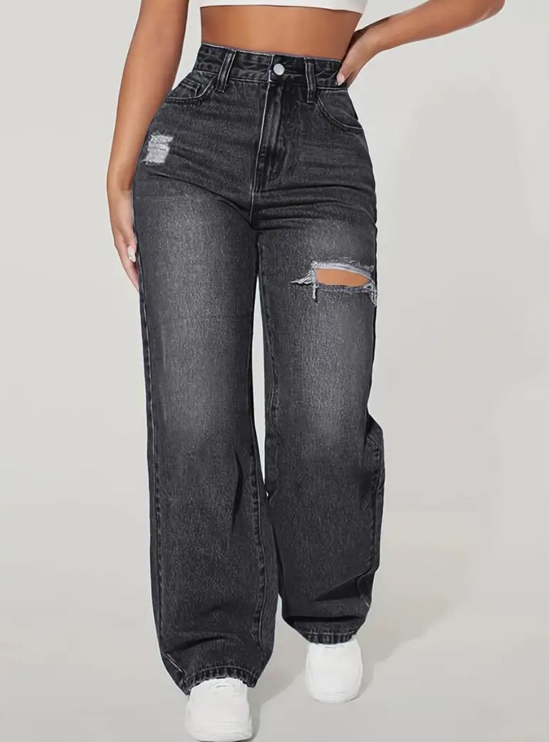 Îmbrăcăminte de damă Pantaloni din denim cu găuri spălate_voghion.com