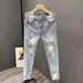 Ins Korean Version Men's Ripped Hole Slim Fit Nine Inch Jeans Summer Youth Fashion Light Blue Rotten Legs Tight Fitting_voghion.com