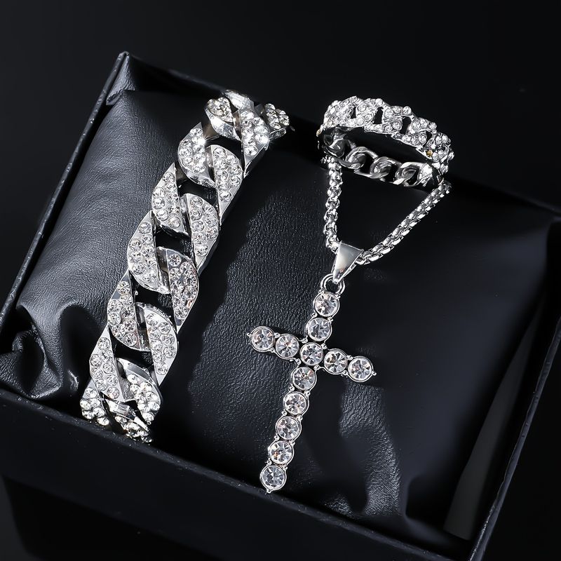 Jewelry Set Fashion Shiny Rhinestone Necklace For Men High-End Cool Hip-Hop Full Diamond Cross Cuban Chain_voghion.com