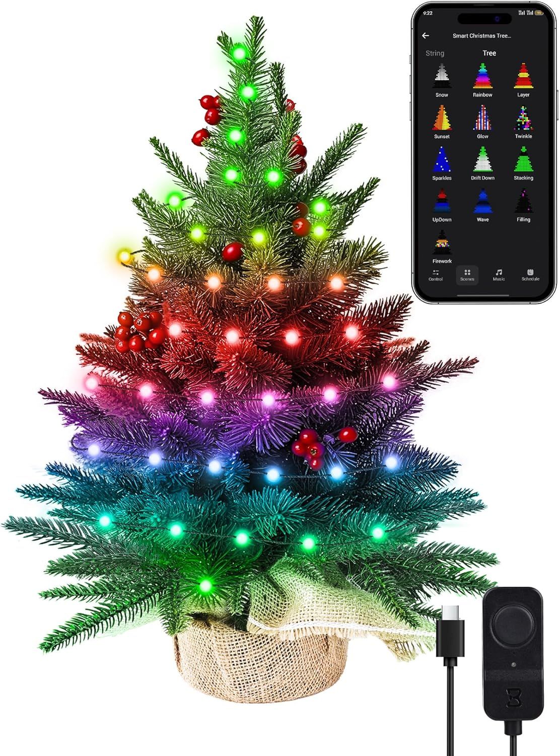 Smart Mini Christmas Tree, 22.8in DIY Smart-Lit Tabletop Tree With 75 LED RGB Lights, App/Voice Control 159+ Scenes Mini Xmas Tree USB C Music Small T_voghion.com