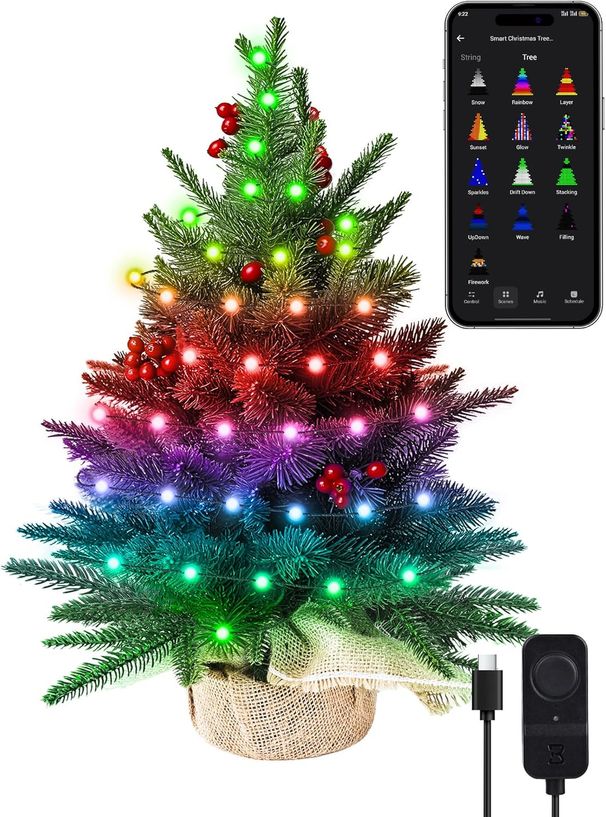 Smart Mini Christmas Tree, 22.8in DIY Smart-Lit Tabletop Tree With 75 LED RGB Lights, App/Voice Control 159+ Scenes Mini Xmas Tree USB C Music Small T_voghion.com