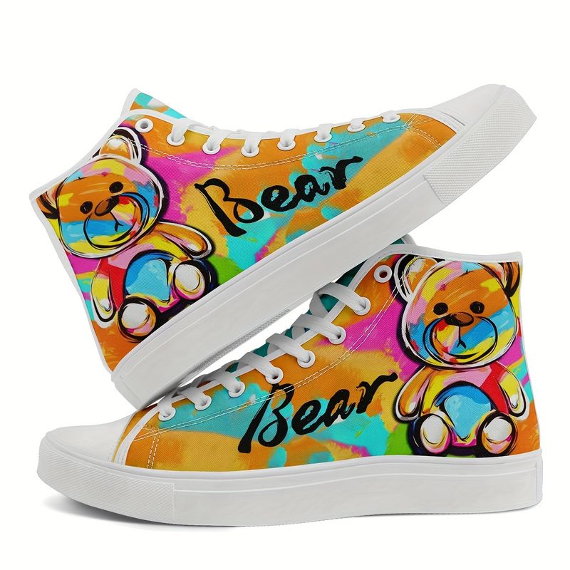 Pantofi sport respirabili, cu vârf rotund și șireturi, pentru toate anotimpurile, imprimeu vibrant cu ursuleți, colorați, eleganți, talpă MD și branț din material textil pentru femei, purtare zilnică_voghion.com