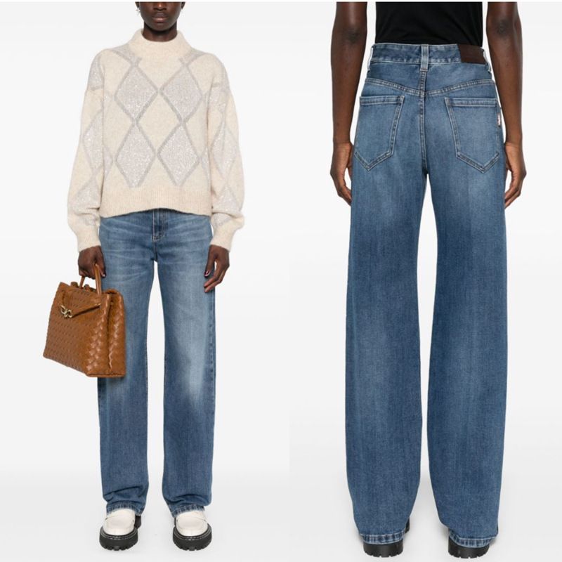 Pantaloni in denim elasticizzati, a vita alta, blu scuro, linea media, dritti, da donna_voghion.com