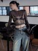 hot selling Personality Butterfly Print Long Sleeve T-Shirt See Through Fashion Y2k Aesthetic Slim Crop Top Vintage Sexy Gauze_voghion.com