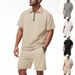 Herren Schweres, lockeres, lässiges, einfaches Poloshirt mit Schachbrettmuster und Reißverschluss, kurzärmelig, Shorts-Set_voghion.com