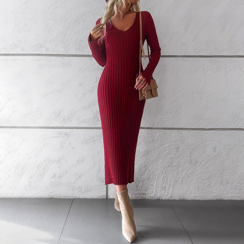 Diyun, abito elegante in maglia a maniche lunghe con scollo a V, autunno inverno 2023, da donna_voghion.com