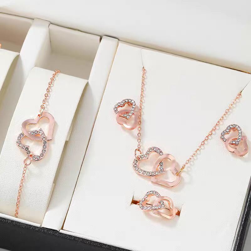 Elegante set di gioielli a forma di cuore - Collana, bracciale, orecchini e pendente in argento sterling, 4 pezzi. Regalo_voghion.com