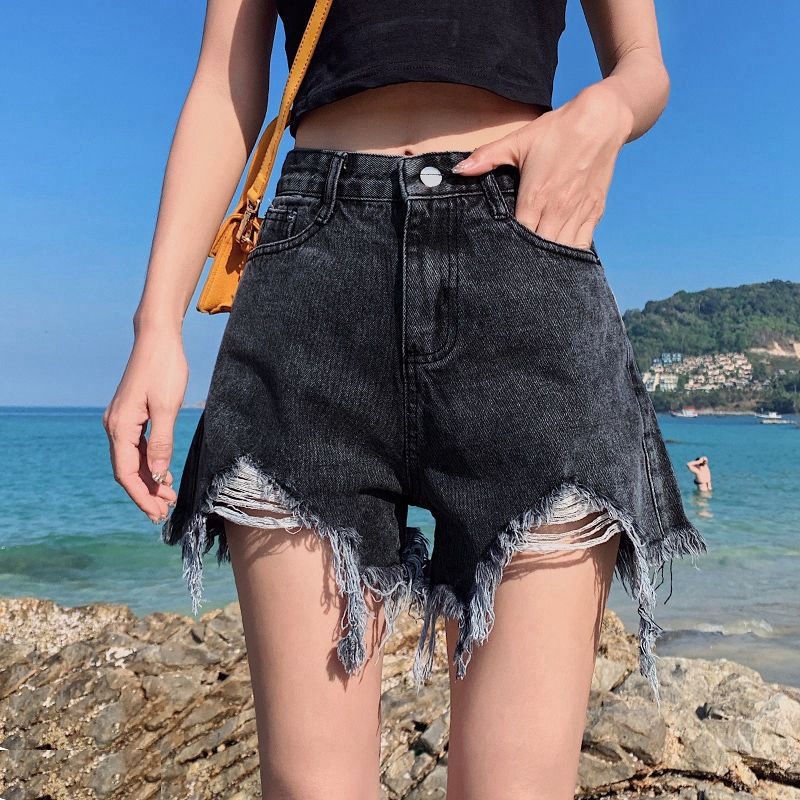 Spring summer denim shorts for women, white new style with holes, high waist, wide legs, slimming and frayed edges,_voghion.com