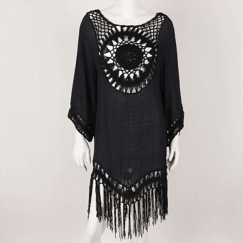 Summer Hot-Selling Women's Hand-Crocheted Sexy Pure White Tassel Beach Top Sun Protection Cover-Up_voghion.com