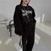 Korean Chic Winter Set – Oversized Letter Print Sweatshirt & High-Waist Drawstring Pants (XL, Charcoal Grey)_voghion.com