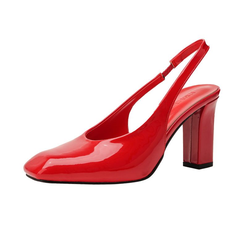2025 Spring And Summer New Patent Leather Square Short With High Heels Closed-toe Sandals French Single Shoes Wear Comfortable Lightweight_voghion.com