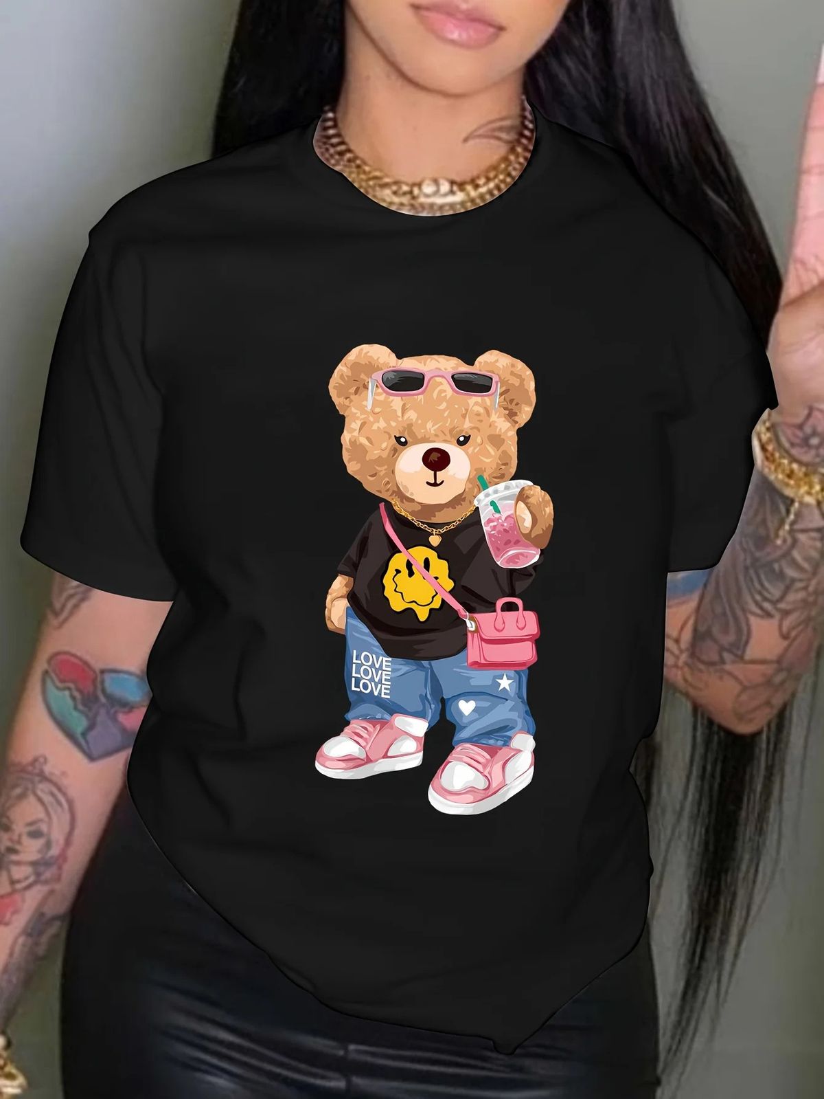 Women's Clothing summer printing fashion cool bear print T shirt short sleeve round neck casual top summer women's clothing_voghion.com