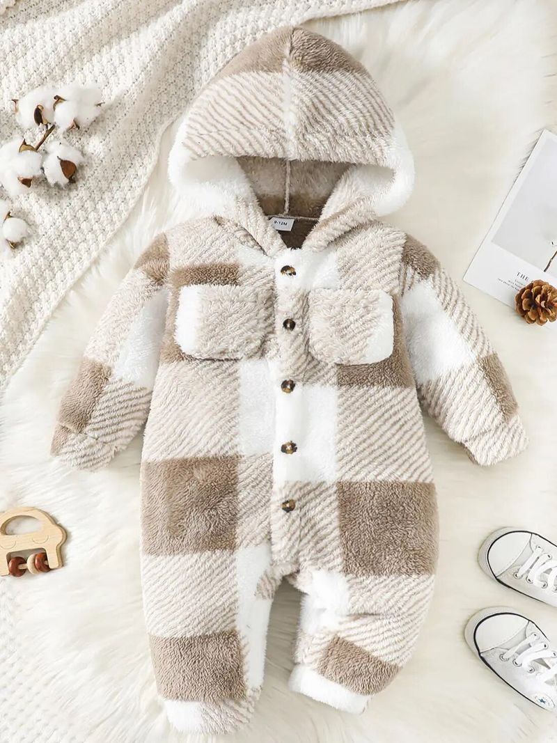 Macacão xadrez com capuz e manga comprida, macacão de pelúcia para bebês meninos e meninas, roupas quentes de inverno para meninos de 3 a 24 meses_voghion.com