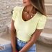 Sommer Damen Pullover Elastischer Faden Bubble Sleeve Kurzarm V-Ausschnitt T-Shirt Für Damen_voghion.com