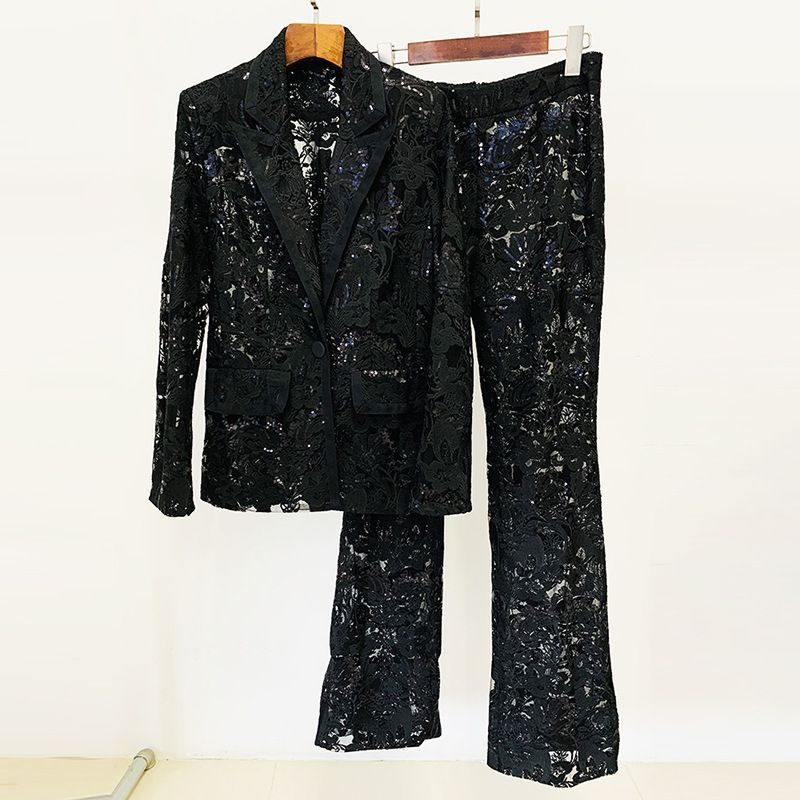 Women's Clothing fashion new mesh heavy industry embroidered sequin suit jacket trouser suit two piece set_voghion.com