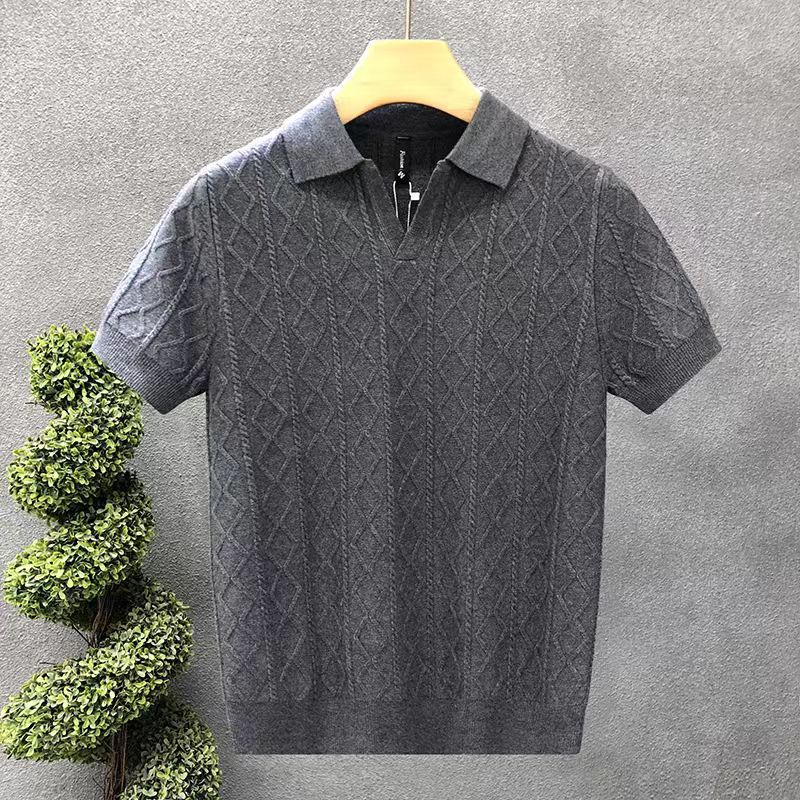 Camisa polo masculina de manga curta, para negócios de verão, camiseta de malha com corte slim e lapela versátil_voghion.com