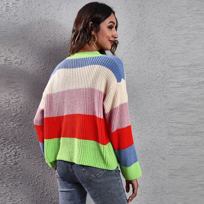 Cardigan en tricot ample à rayures arc-en-ciel contrastées, pull-over court en tricot pour femmes, vêtements pour femmes_voghion.com