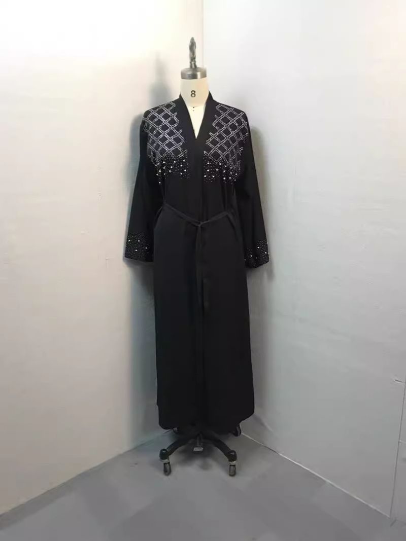 Fashionable And Elegant Solid Color Beaded And Hot Diamond Lace Up Cardigan Robe_voghion.com