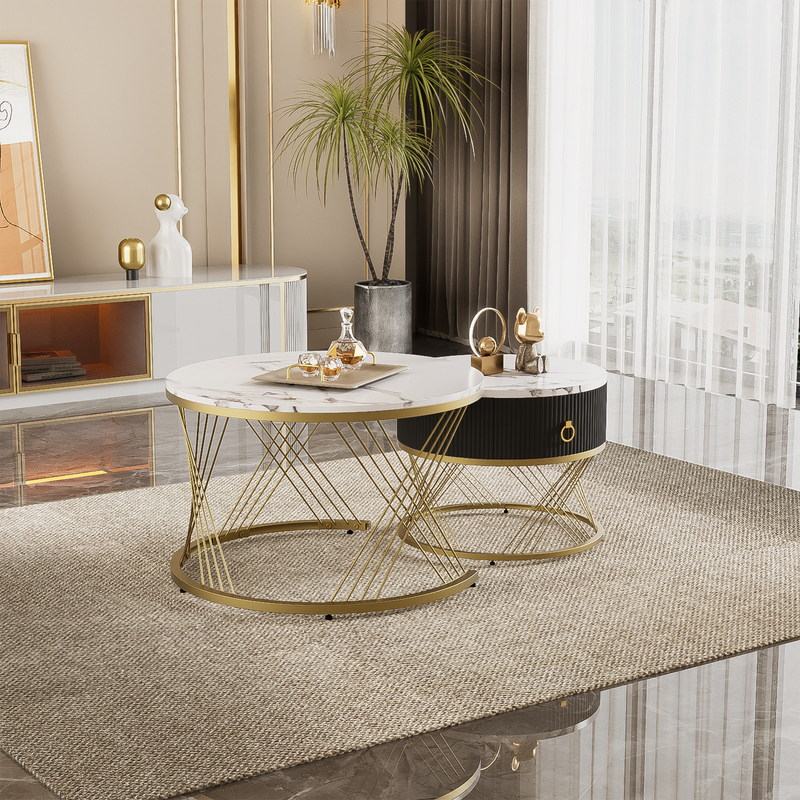 Eleganter Zusammensetzbarer Couchtisch: Marmoroptik, Golddekor, Beistelltisch Mit Schubladen – 2er-Set_voghion.com
