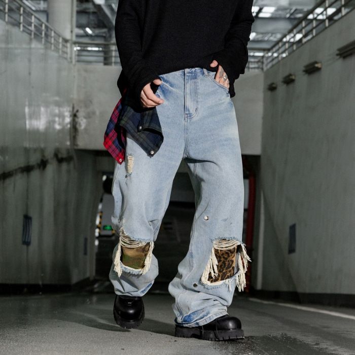 Men's Patchwork Distressed Jeans - American Vintage Wide-Leg Denim Pants With Removable Patches_voghion.com