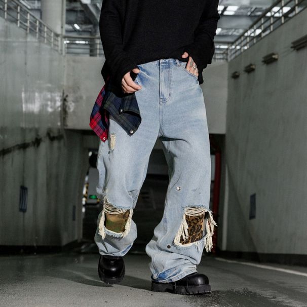 Men's Patchwork Distressed Jeans - American Vintage Wide-Leg Denim Pants With Removable Patches_voghion.com