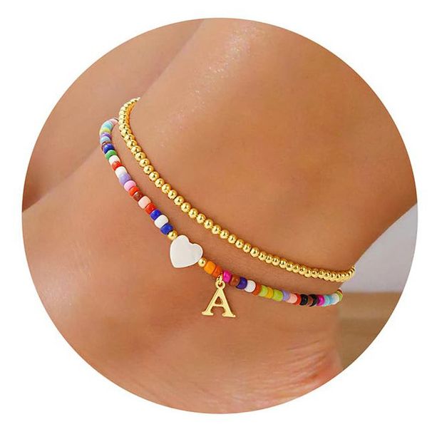 Cavigliera con perline colorate e iniziali in stile vacanza, elegante e alla moda, a doppio strato, per donne_voghion.com