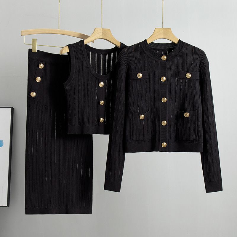 Damenbekleidung Strickanzug für Damen Frühling Neuer Stil Strickjacke Pullover + Weste + Strickrock Dreiteiliger Anzug_voghion.com