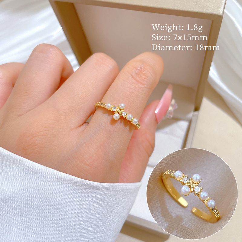 【Oro vero】 Croce di perle con apertura regolabile, anello semplice fatto a mano, anello di coppia_voghion.com