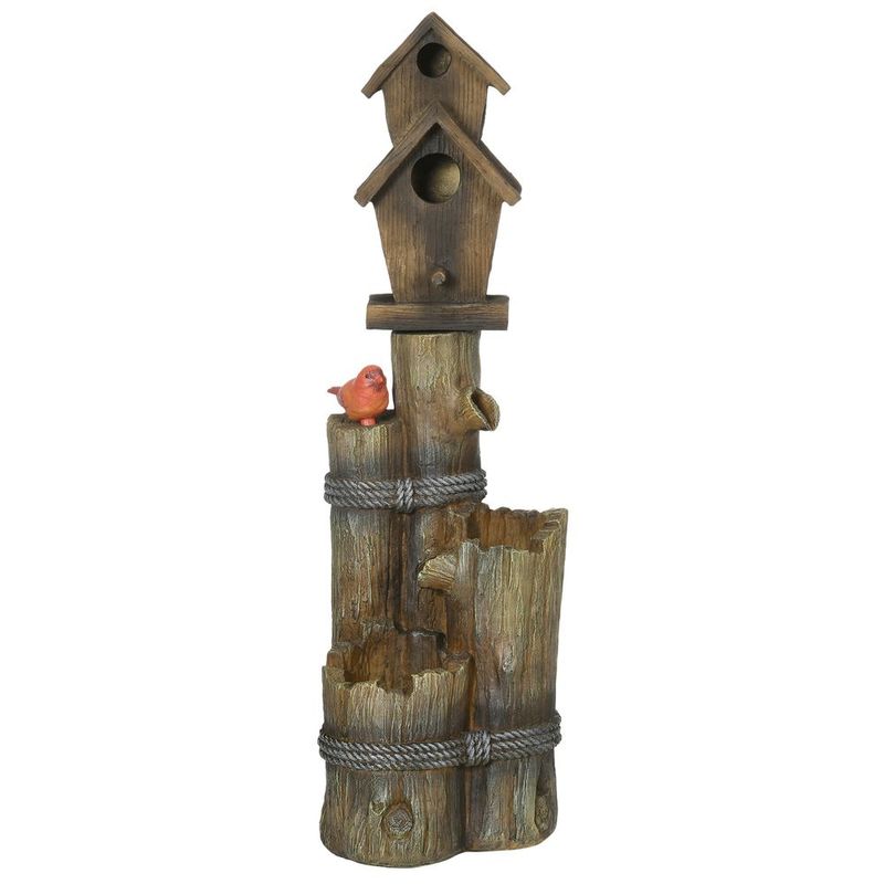 Outsunny Outdoor Fountain With Birdhouse, Cascading Garden Waterfall Bird Bath With 3-Tier Rustic Tree Trunk &amp; LED Lights For Porch, Deck, Yard,_voghion.com