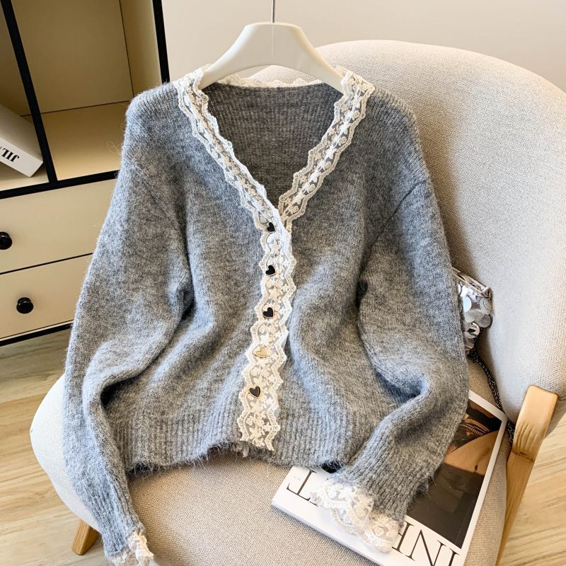 Women's Clothing Lace Stitching Sample Fashionable Elegant Lace Trim V-Neck Long Sleeve Cardigan Sweater For Women - Grey & Beige, One Size Fits All_voghion.com